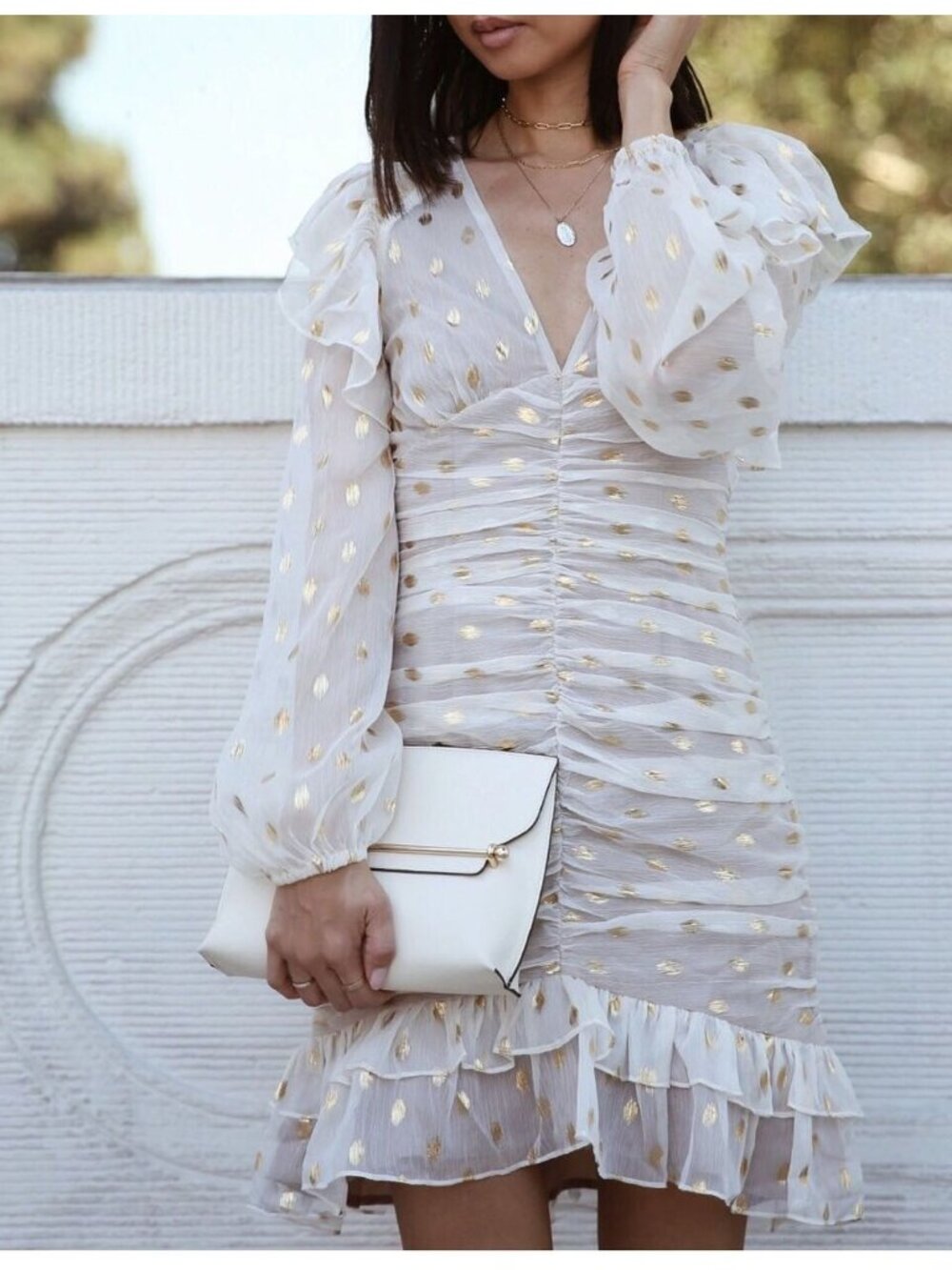 ELLIATT Marta Dress Sheer Ruched Mini Dots Ivory Metallic Gold Cocktail Small